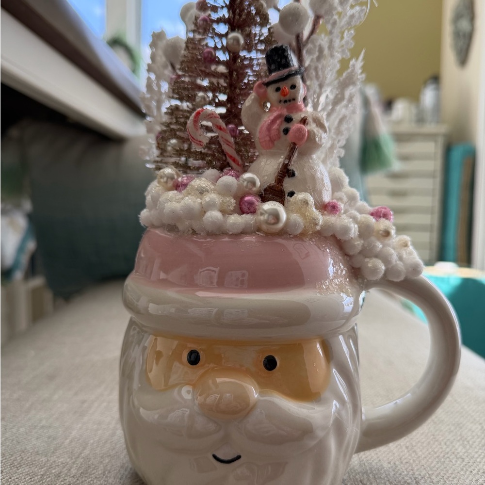 Santa Mug with Pink and White Holiday Decor